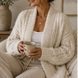 Express Cable Knit Cardigan Women L Cream Chunky Open Front Cozy Oversized Soft